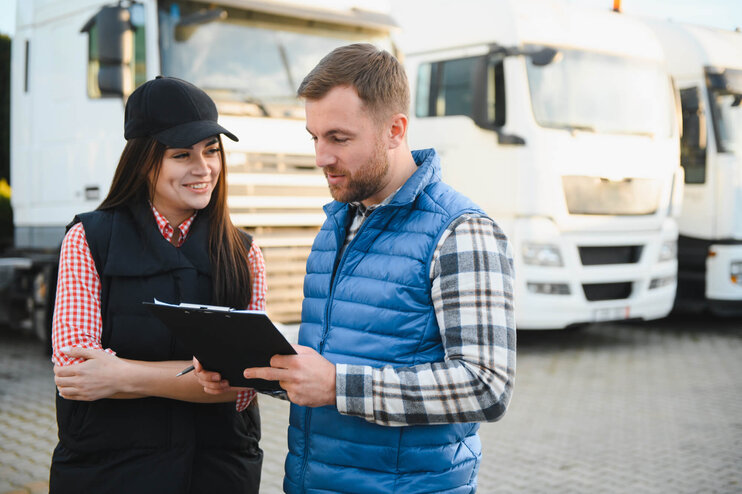 Logistik-Team vor Lkw und Anhängern an Umschlagplatz – zufriedene Fahrer und Kollegin.